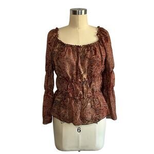 Retro Brown Paisley Stretch Blouse: 90s, Y2K, Modern